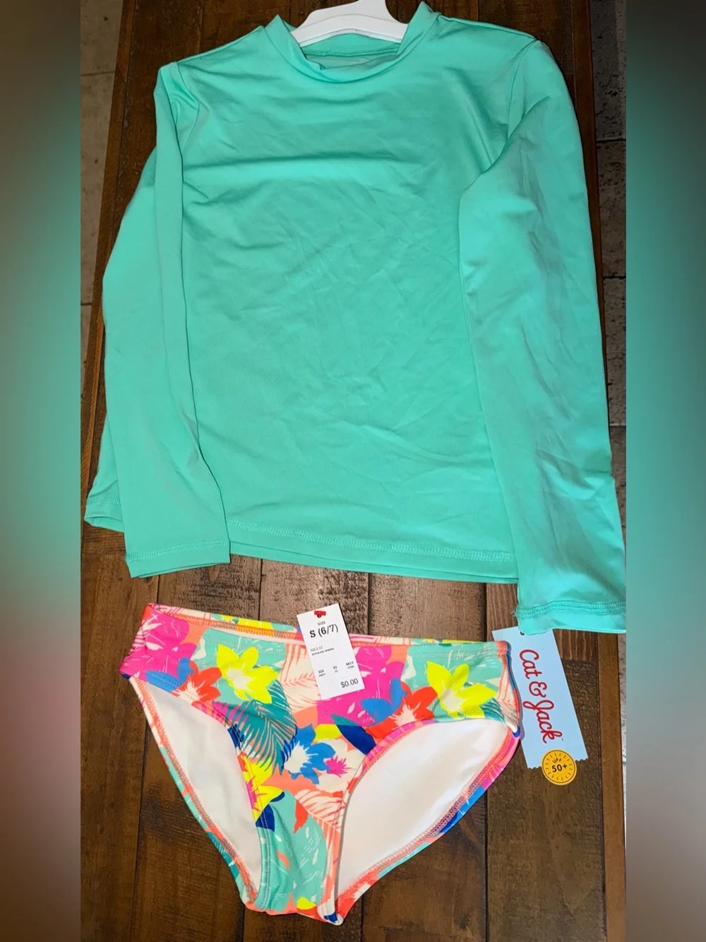 Cat & Jack Turquoise Rash Guard with Floral Bikini Bottoms